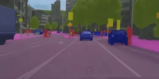 Animated street scene with cars, people and road colour-coded by semantic segmentation